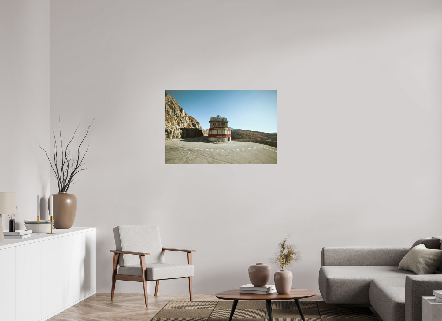 105 x 70 cm, Alu-Dibond Hotel Belvedere, Furkapass (Wes Anderson Stil)