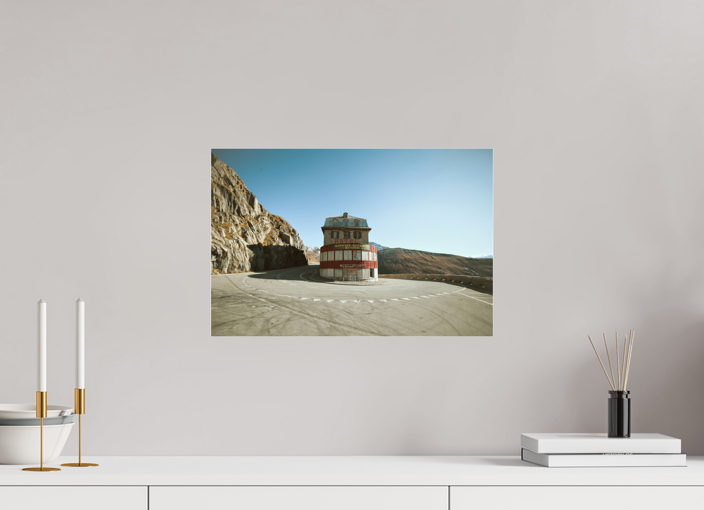 45 x 30 cm, Photo Print Under Acrylic Glass Hotel Belvedere, Furkapass (Wes Anderson Stil)