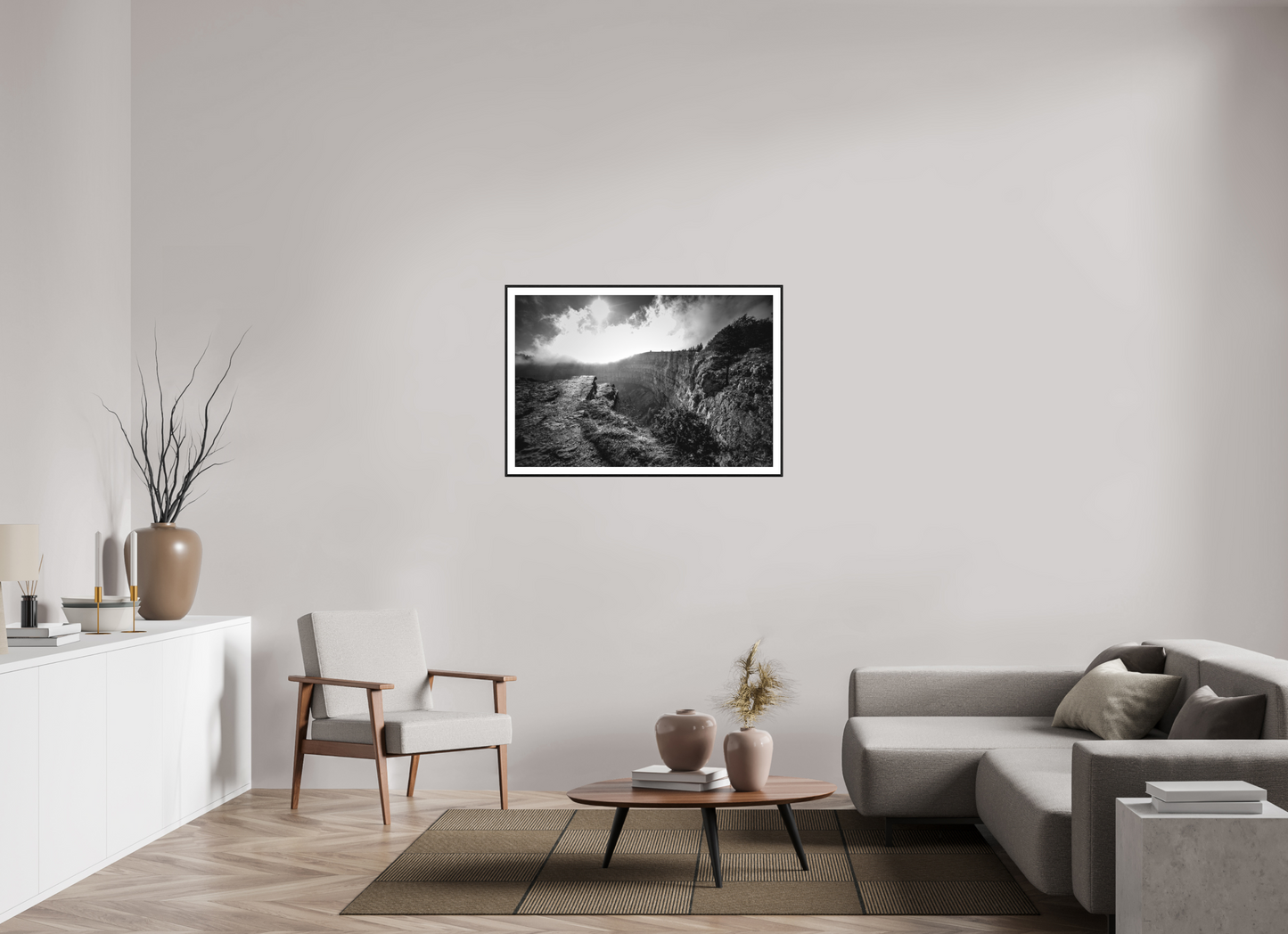 105 x 70 cm, Foto im Schattenfugenrahmen (Eiche schwarz) Creux du Van blackandwhite