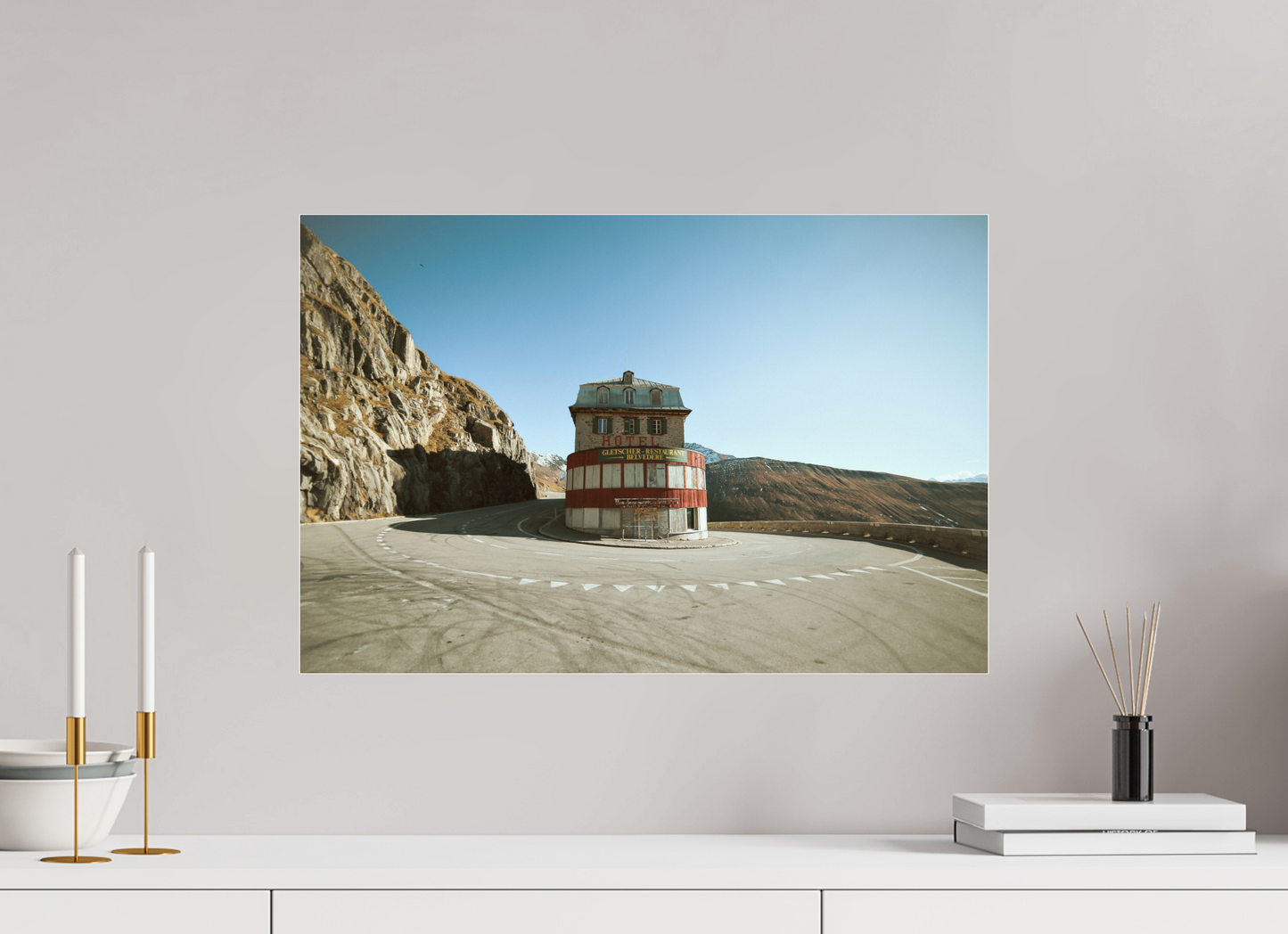 60 x 40 cm, Photo Print Under Acrylic Glass Hotel Belvedere, Furkapass (Wes Anderson Stil)
