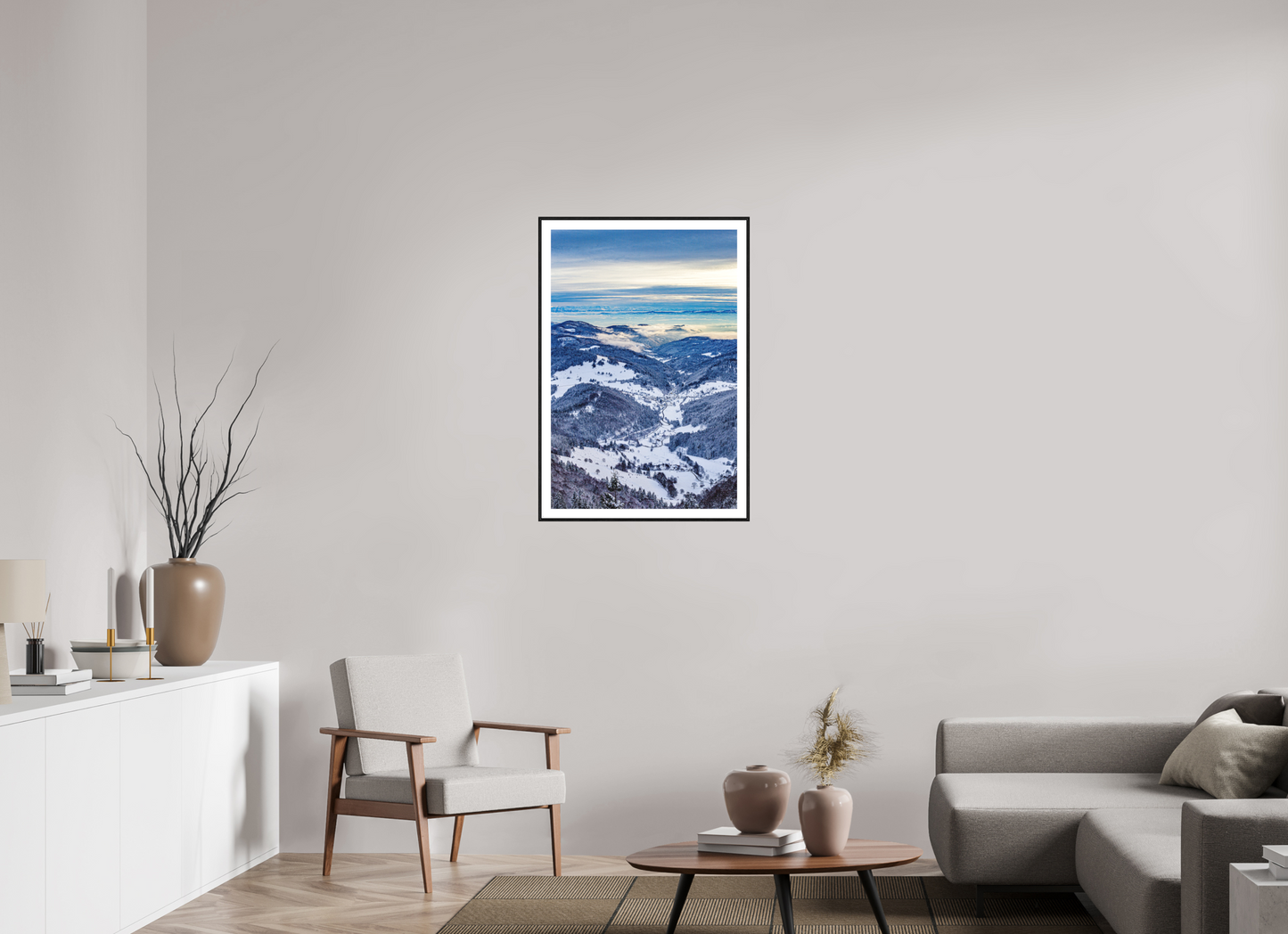 60 x 90 cm, Foto im Schattenfugenrahmen (Eiche schwarz) Winterblick vom Belchen