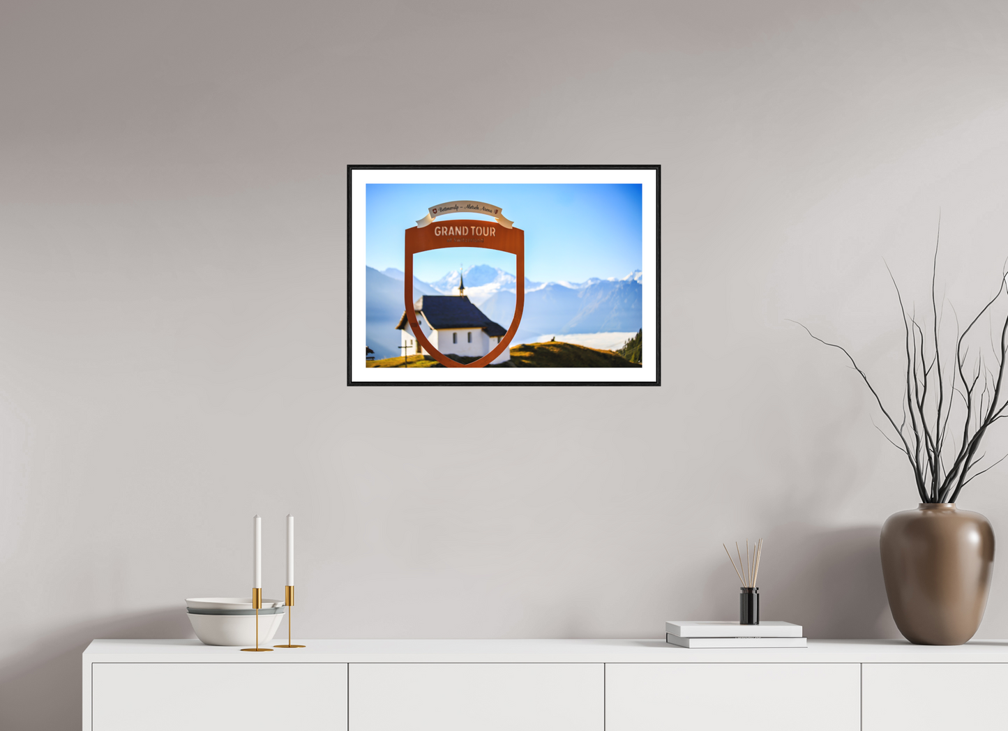 60 x 40 cm, Foto im Schattenfugenrahmen (Eiche schwarz) Kapelle Maria zum Schnee - Bettmeralp