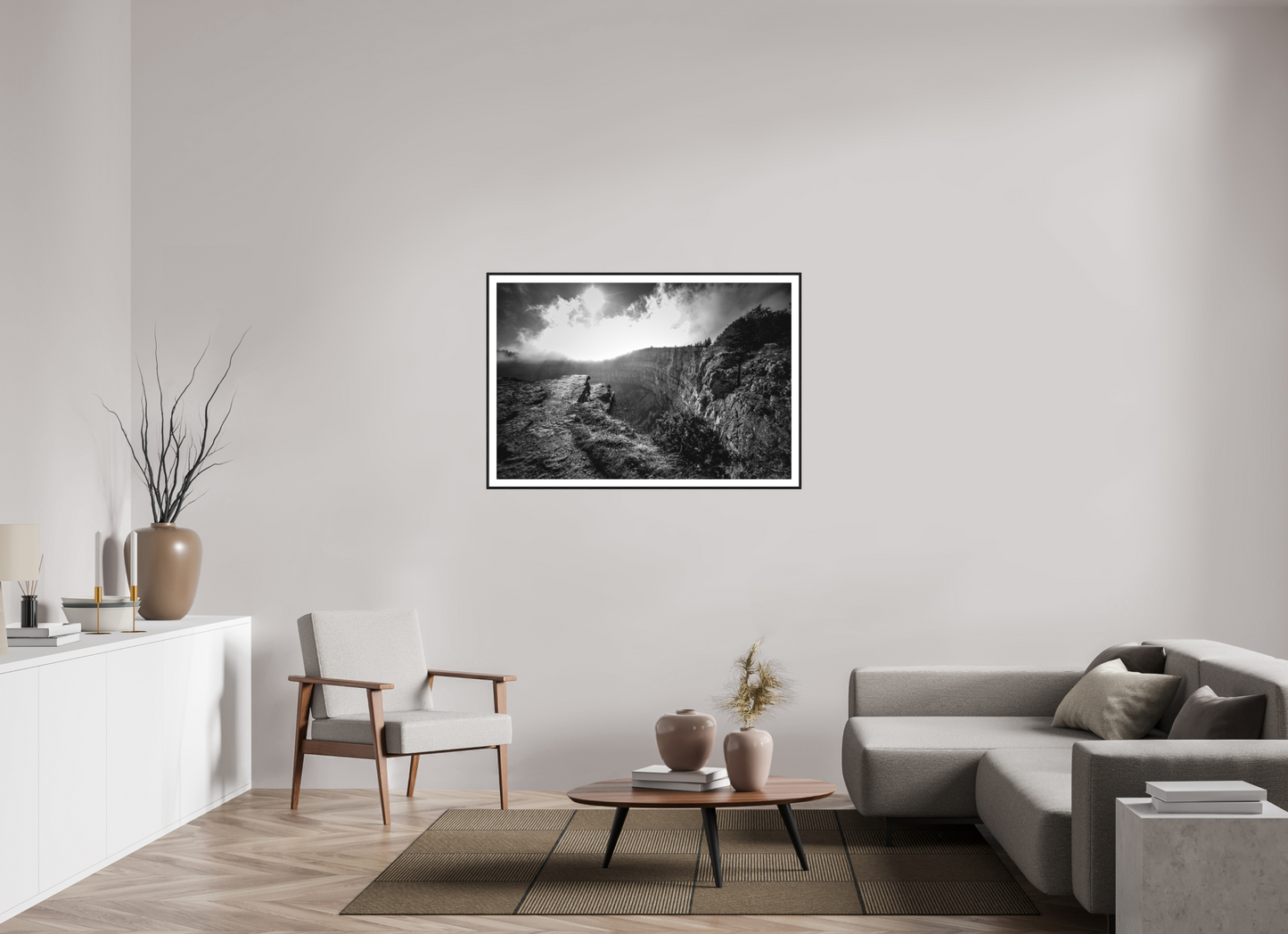 120 x 80 cm, Foto im Schattenfugenrahmen (Eiche schwarz) Creux du Van blackandwhite