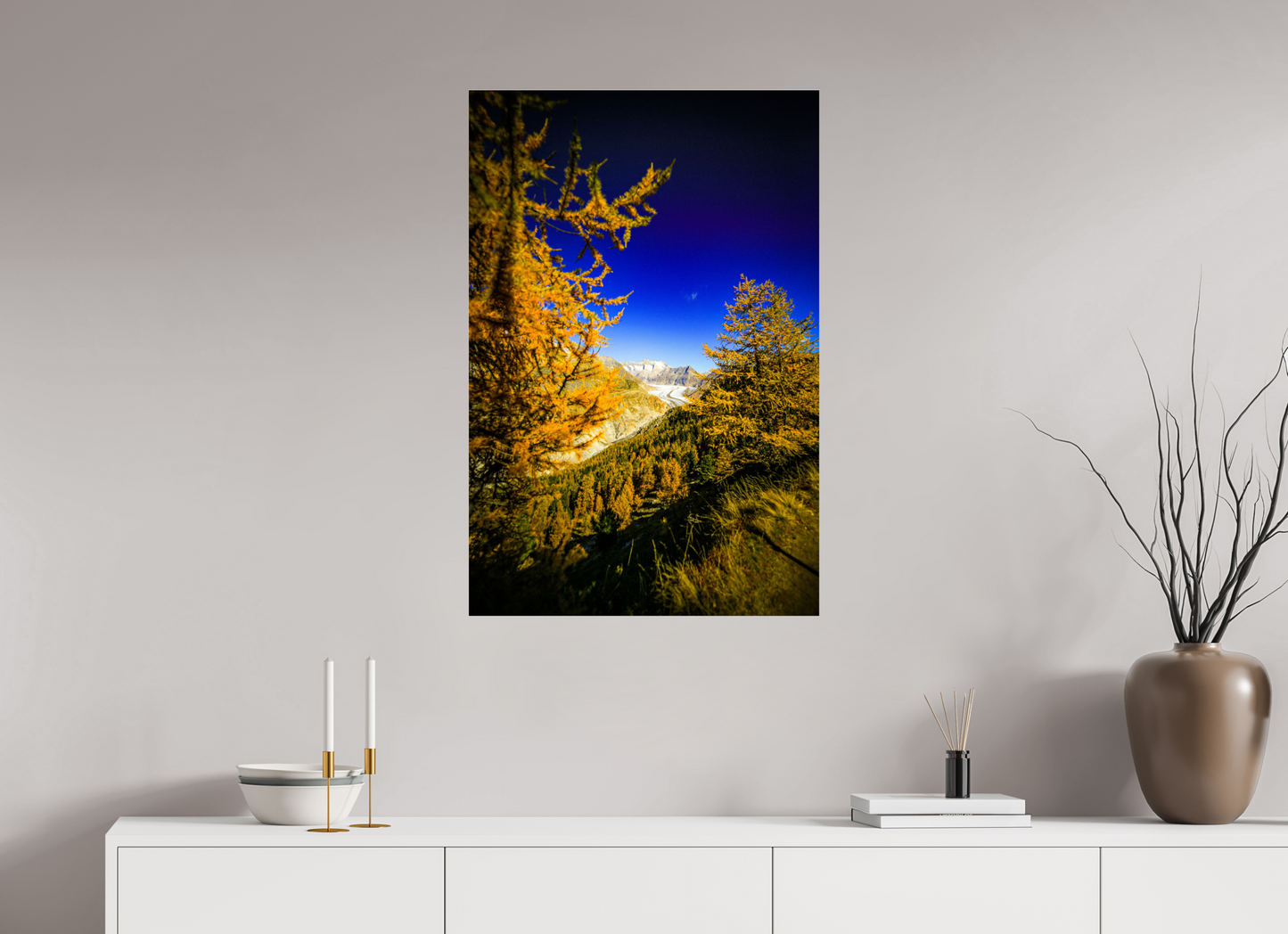 60 x 90 cm, Photo Print Under Acrylic Glass Goldener Oktober am Aletschgletscher