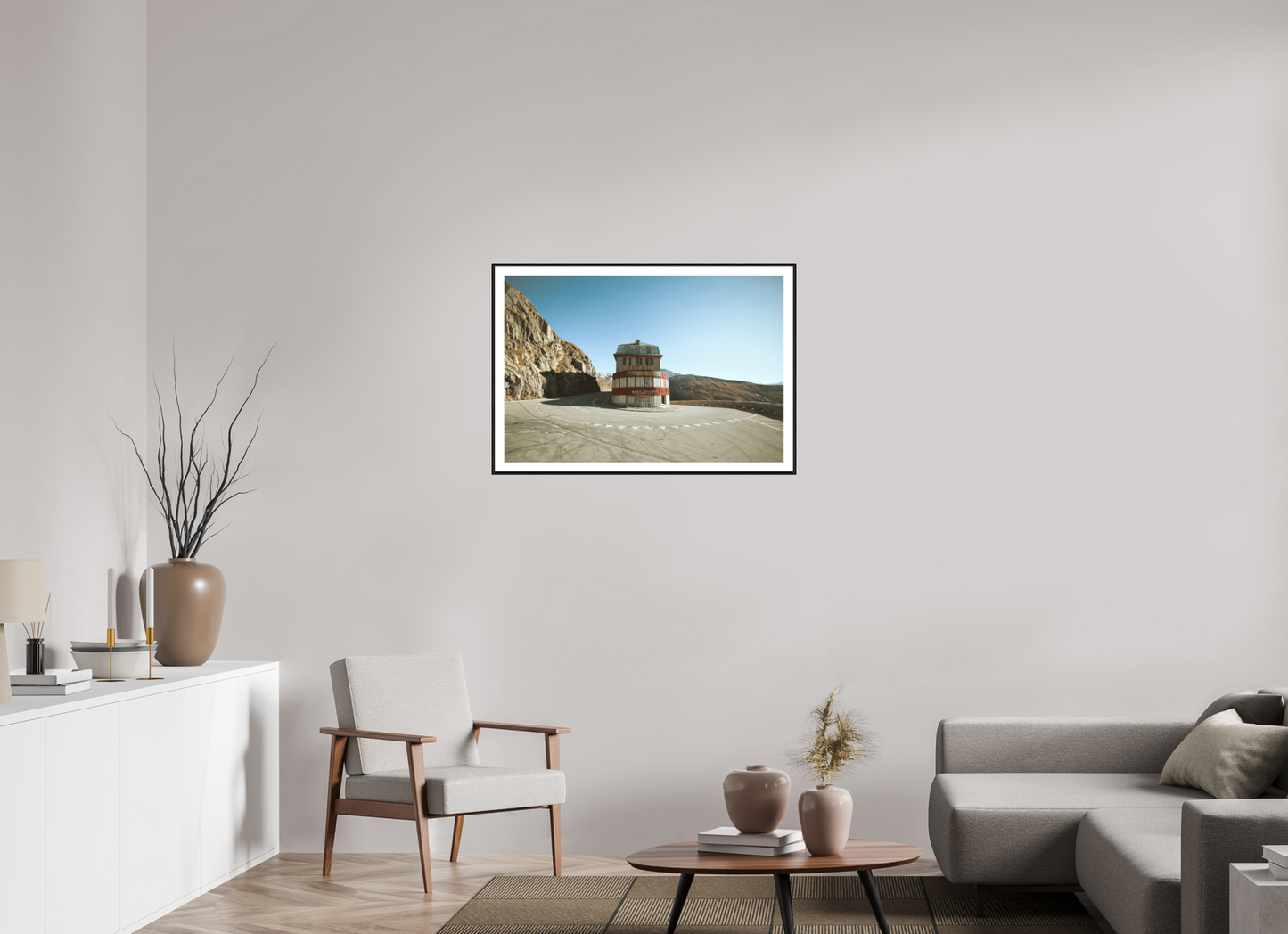 90 x 60 cm, Foto im Schattenfugenrahmen (Eiche schwarz) Hotel Belvedere, Furkapass (Wes Anderson Stil)