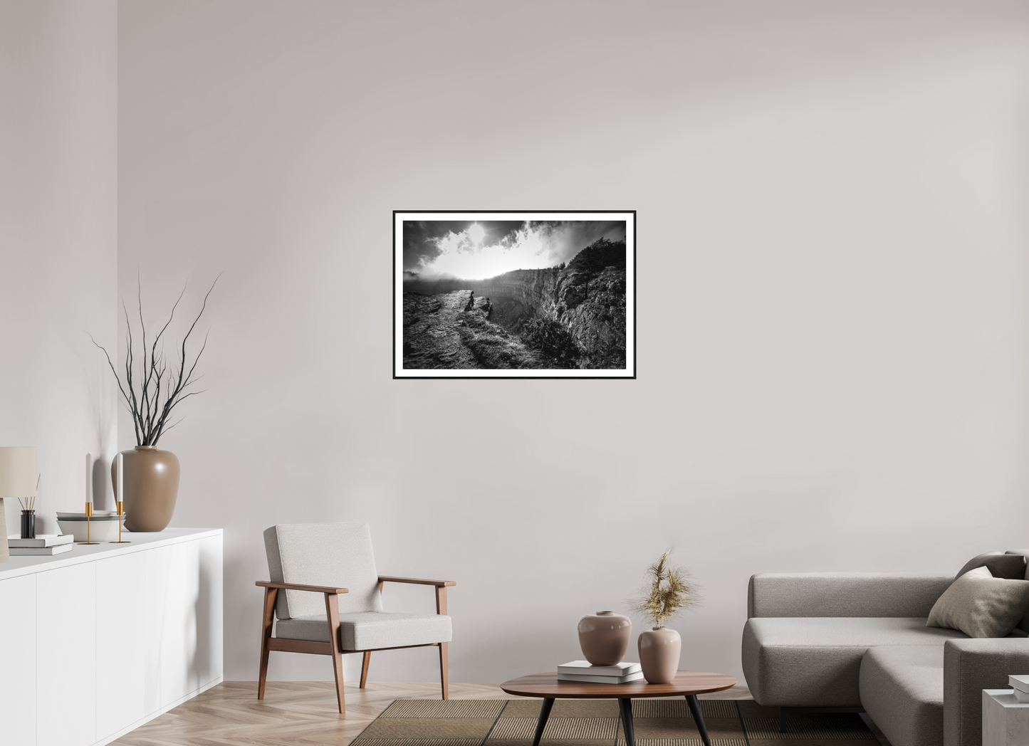 90 x 60 cm, Foto im Schattenfugenrahmen (Eiche schwarz) Creux du Van blackandwhite