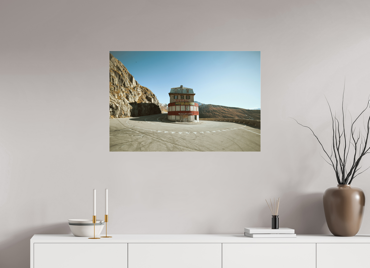 90 x 60 cm, Photo Print Under Acrylic Glass Hotel Belvedere, Furkapass (Wes Anderson Stil)