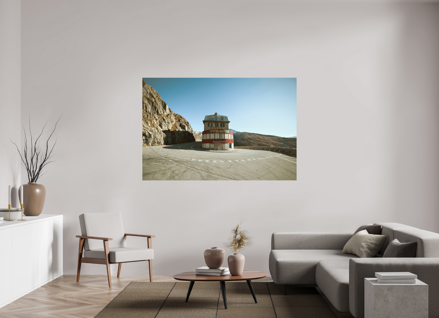 180 x 120 cm, Alu-Dibond Hotel Belvedere, Furkapass (Wes Anderson Stil)
